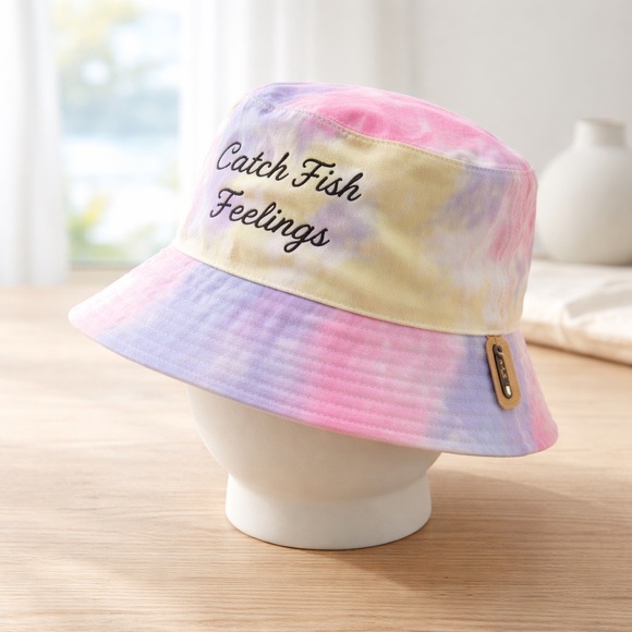 MIRMARU Catch Fish Not Feelings” Tie Dye Bucket Hat 100% Cotton - Picture 2 of 10